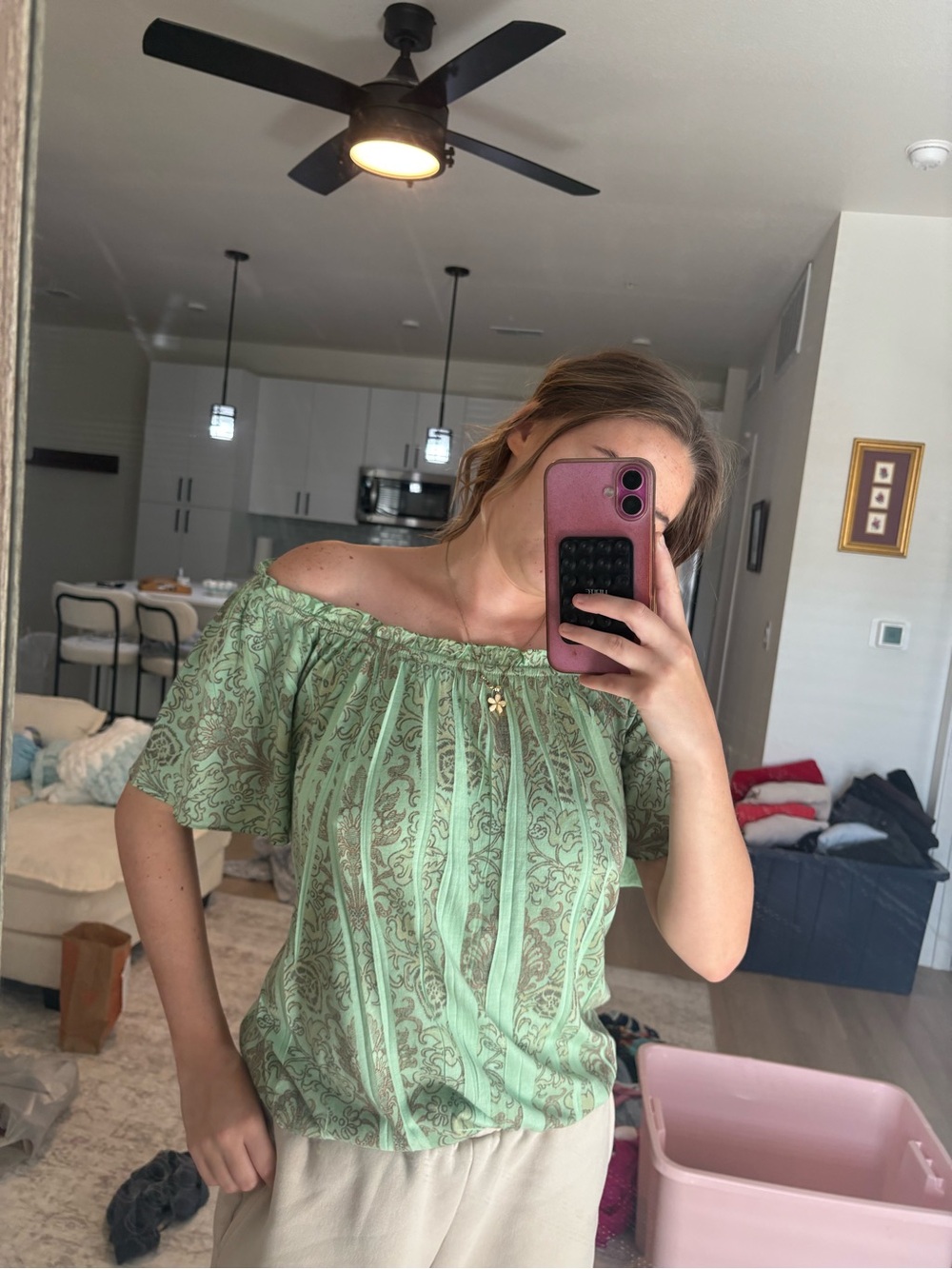 Storm Off-Shoulder Mint Green Printed Blouse